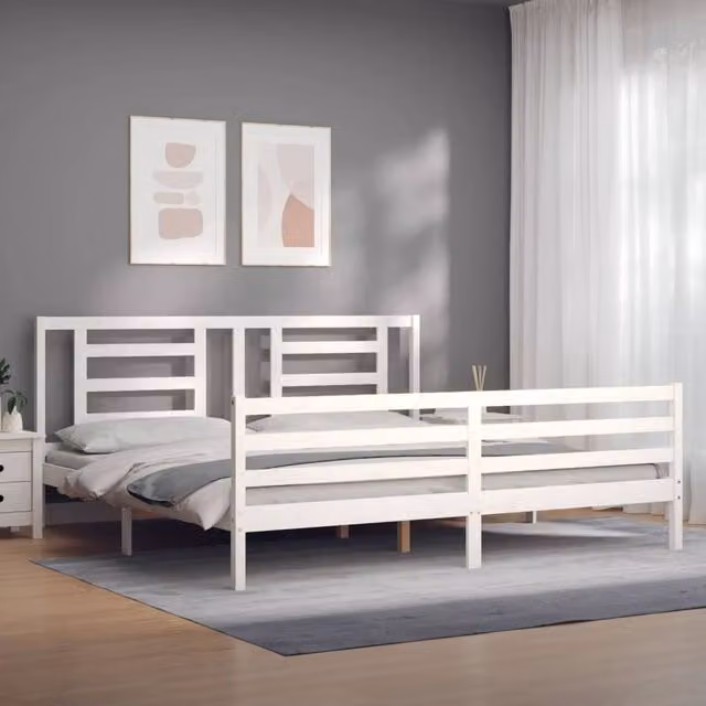 Berkfield Home Beautiful Solid Wood Pine Bed Frame with Headboard in White W/D/H: 200 x 200 x 205.5 cm – 1
