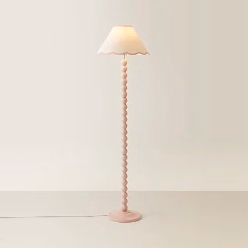 ValueLights Rose Pink Bobbin Stem Floor Lamp with Pale Pink Fabric Scallop Shade – 1