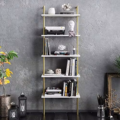 DECOROTIKA Paulina Industrial 5-Tier Bookshelf in Gold and White