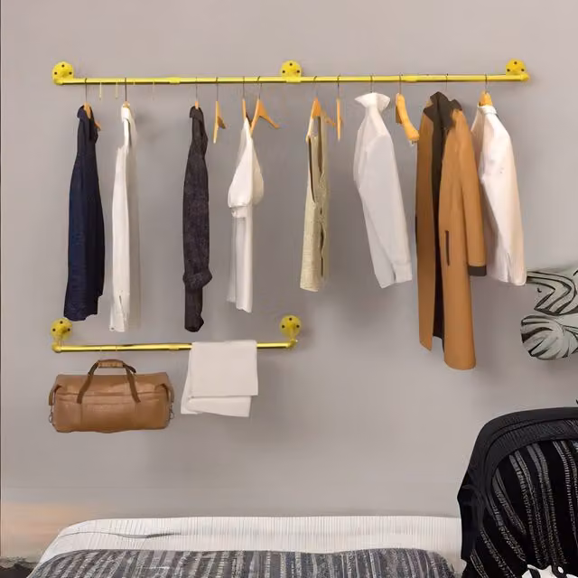 Pirlo Plush Industrial Adjustable Heavy Duty Metal Pipe Wall-Mounted Hanging Rail in Gold