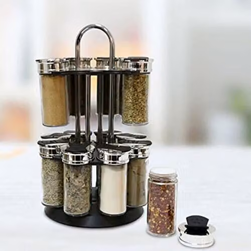 JINGYAN Rotating Spice Rack Organizer with 12 Glass Jars and Stainless Steel Accents, Black – 4