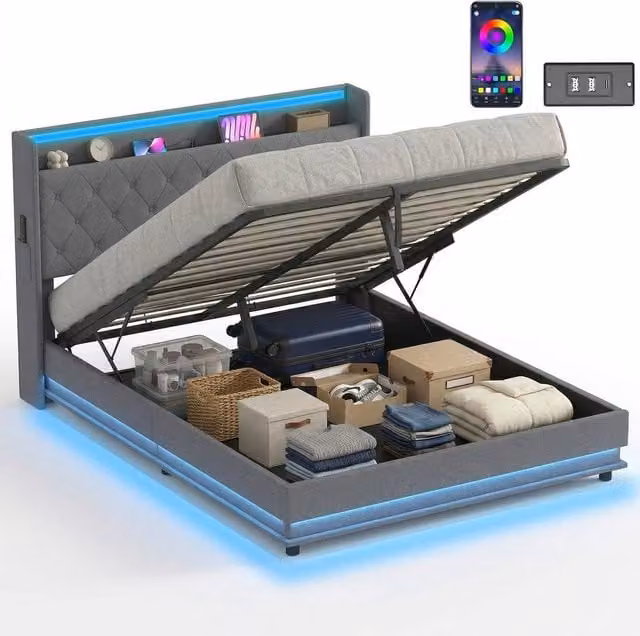 FORGEVIO Grey Fabric Lift Up Storage Cot Bed Frame with RGB LED Under Bed Lighting, W/D/H: 150 x 200 x 113 cm – 1