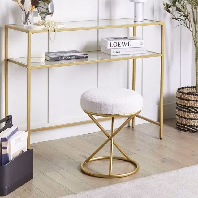 Wyld and Coco Round Bouclé Footstool with Gold Metal Legs in White – 1
