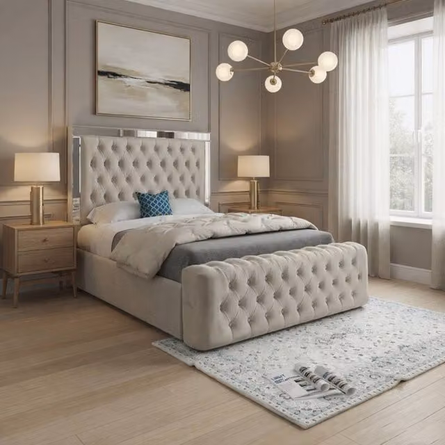 KDMD Reigate Mirror Upholstered Designer Bed Frame in Beige Velvet, Size: 100 x 200 cm – 1