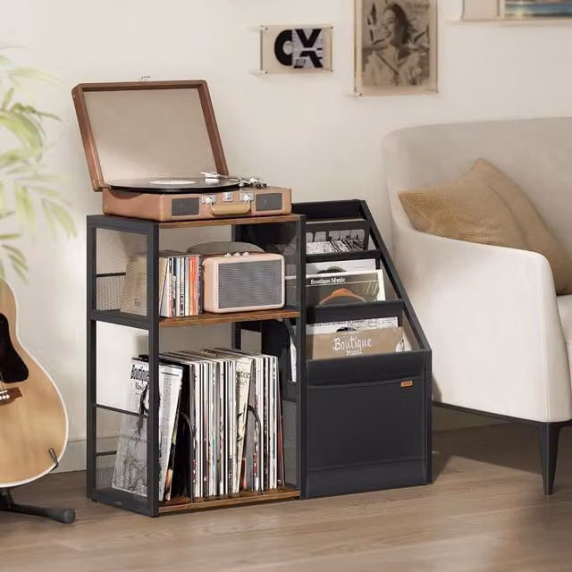 VASAGLE Industrial 3-Tier Record Player Stand and Vinyl Storage in Brown – 1