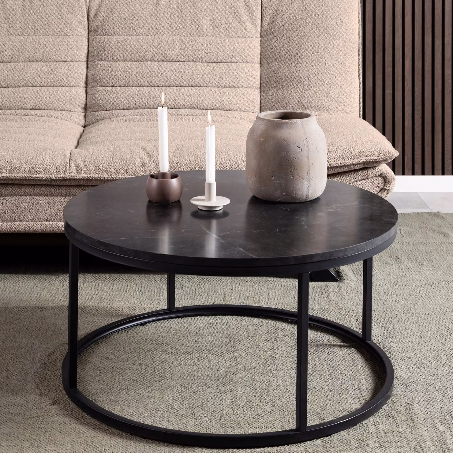 Furniture To Go Spiro Round Coffee Table with Black Marble Melamine Top and Black Metal Legs – 4