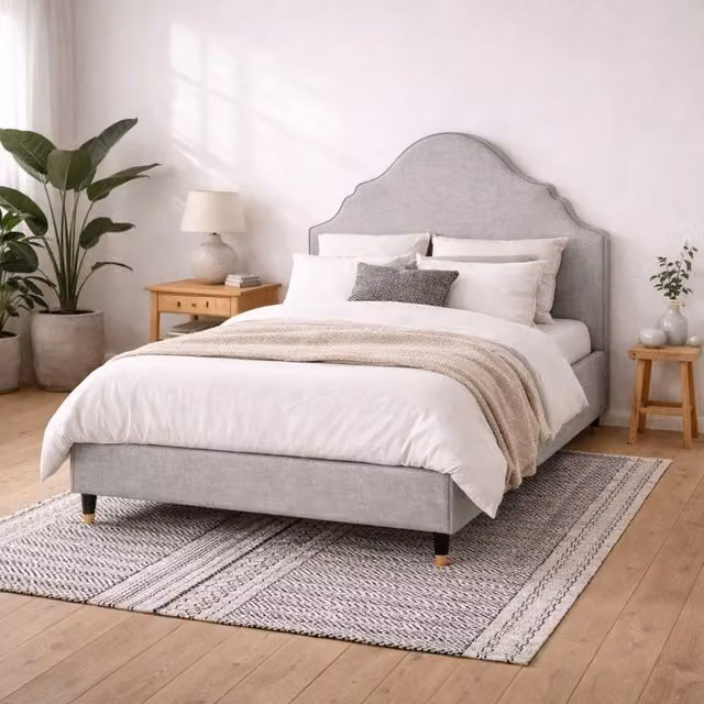 Wyld Haus Princeton Double Bed in Grey Linen Upholstered Fabric, W/D/H: 140 x 200 x 57.5 cm