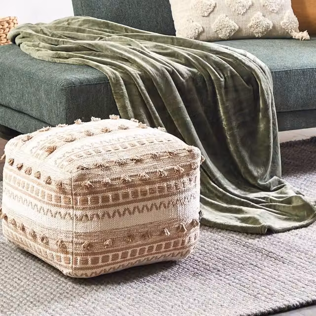 Wyld and Coco Boho Cotton Pouffe in Beige, W/D/H: 50 x 50 x 35 cm