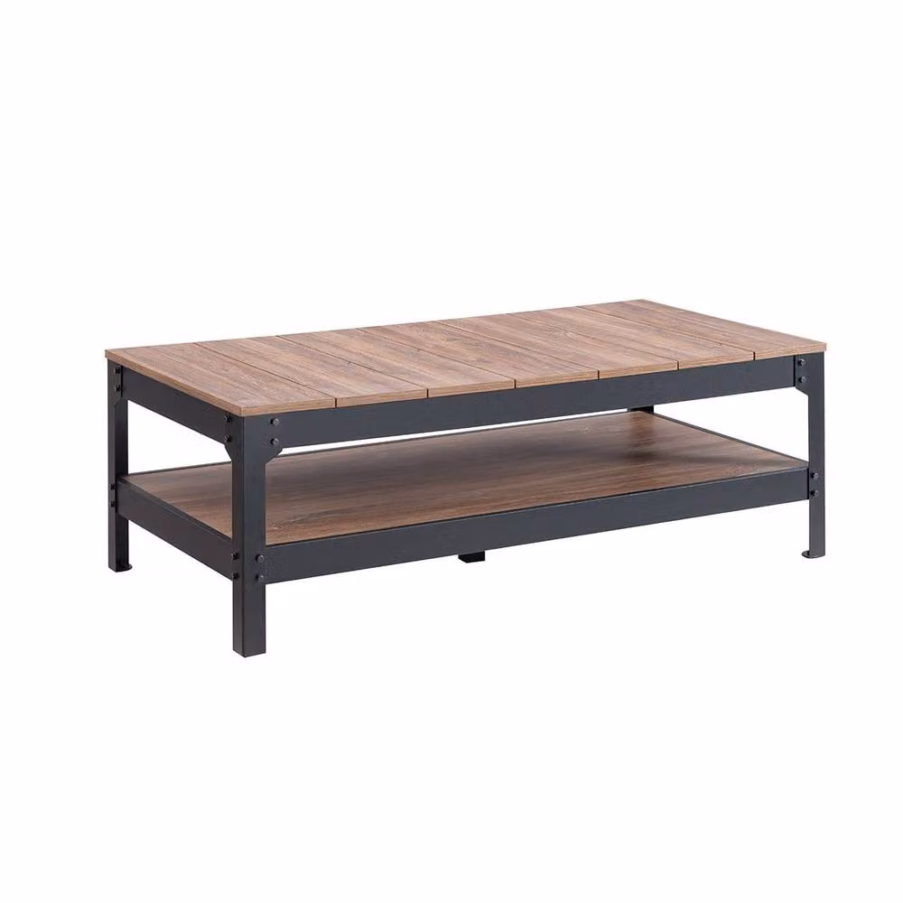 CALICOSY Industrial Black Metal and Brown Wood Coffee Table, W: 117.3 cm x D: 59.6 cm x H: 40.0 cm – 3