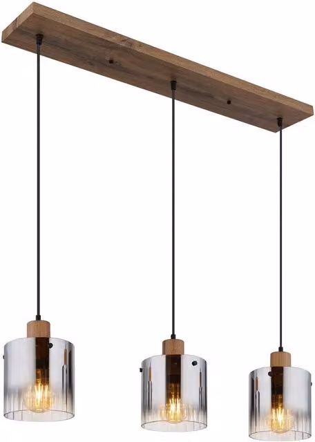Netlighting Underwood Bar Pendant Light with Brown Wood Look and Smoke Glass Shade, 3x E27, Height: 120 cm, Width: 18 cm, Depth: 18 cm – 1
