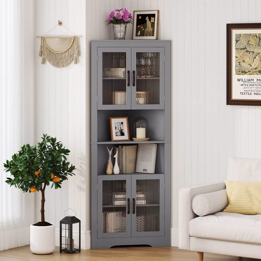 Costway 6-Tier Corner Storage Cabinet with 4 Glass Doors, Grey, Height: 170 cm – 3