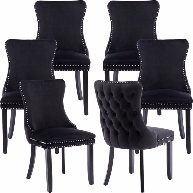 HomeTouch Sierra Set of 6 Black Velvet Tufted Wing Back Dining Chairs with Oak Wood Legs