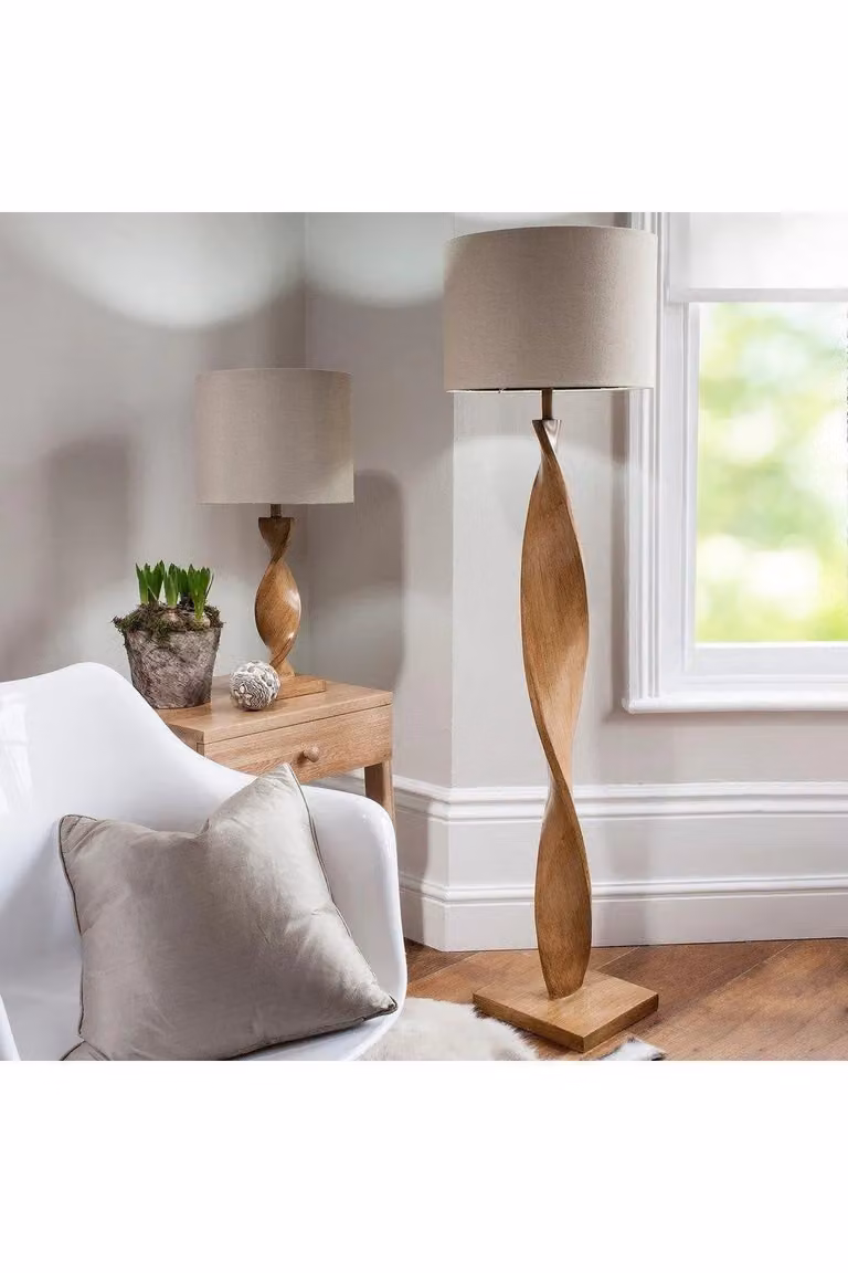 Netlighting Abia Floor Lamp in Brown with Oak Effect Resin and Natural Linen Shade