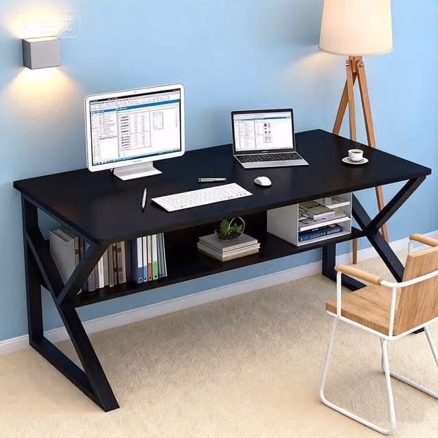 Ventryn Modern Computer Desk and Home Office Workstation with Storage Shelf in Black – 1