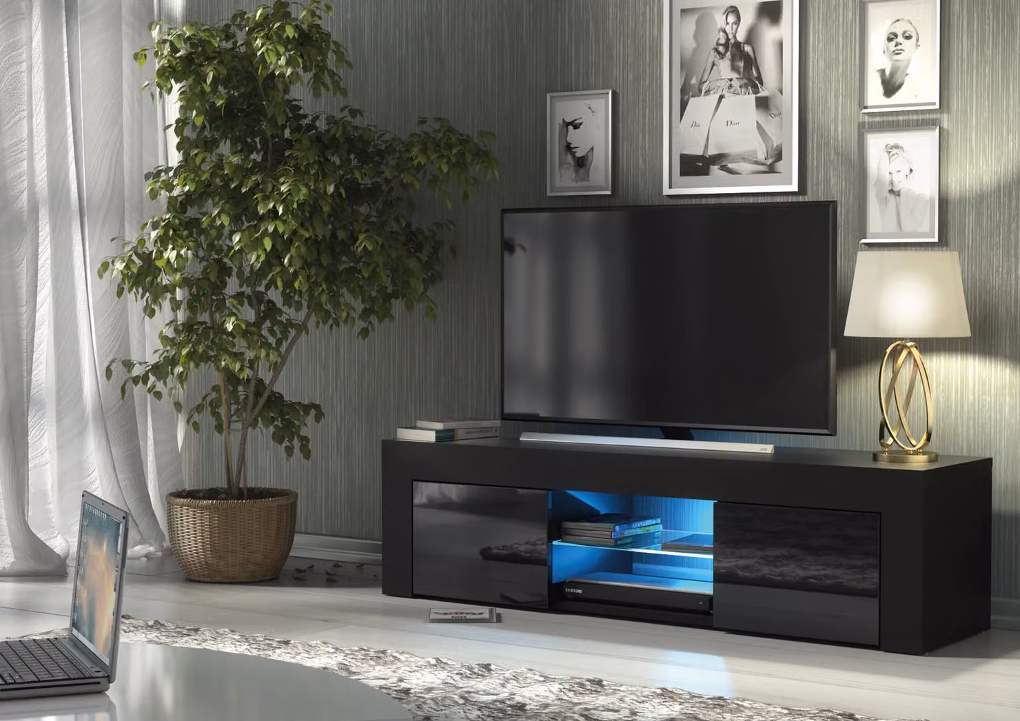 Mex Furniture LTD Modern Glossy Black TV Unit with LED Lights, W: 130 cm, D: 35 cm, H: 35 cm – 3
