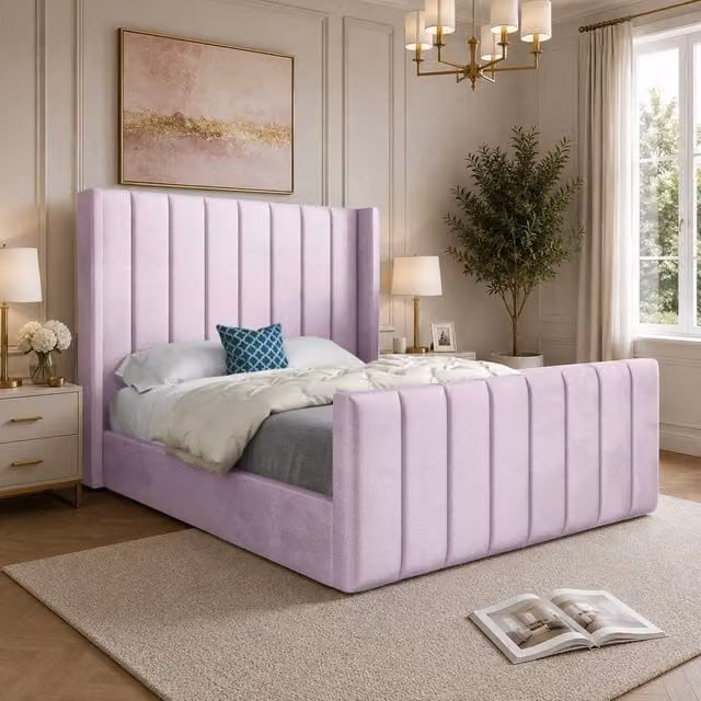 Casani Sherington Upholstered Designer Bed Frame in Pink Soft Velvet, Small Single