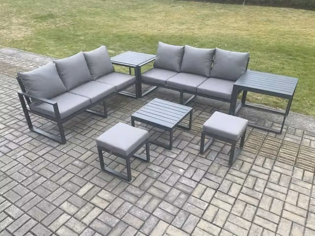 Fimous 8 Seater Aluminium Garden Furniture Set in Dark Grey with Cushions, Coffee Table and 2 Ottomans