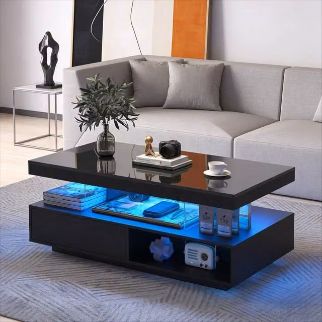 BTM Modern High Gloss LED Coffee Table with 2 Drawers in Black
