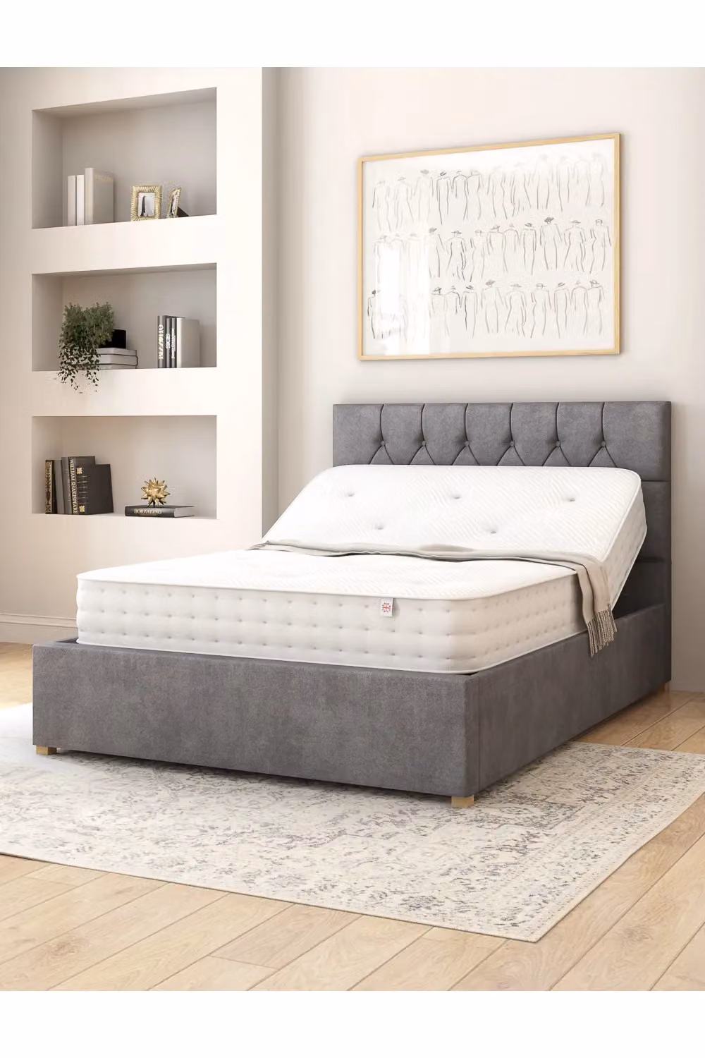 Aspire Olivier Electric Adjustable Bed in Grey Plush Velvet with Pocket Sprung Mattress, W/D/H: 90 x 200 cm, Single