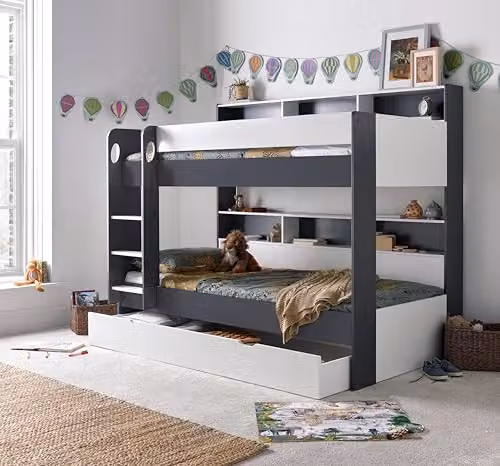 Bedmaster Olly Two-Level Storage Bunk Bed with Drawers and Orthopaedic Mattresses in White and Grey, W/D/H: 173.0 x 90 x 125.1 cm