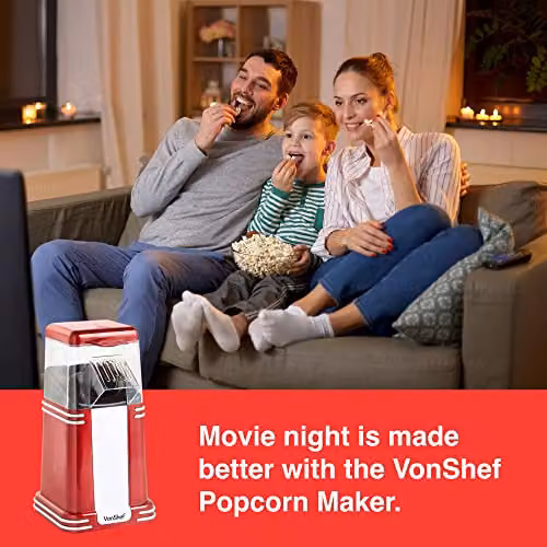 VonShef Retro Popcorn Maker Machine, 1200W Hot Air Circulation Air Popcorn Maker with One Touch Operation and 6 Boxes, Red – 6