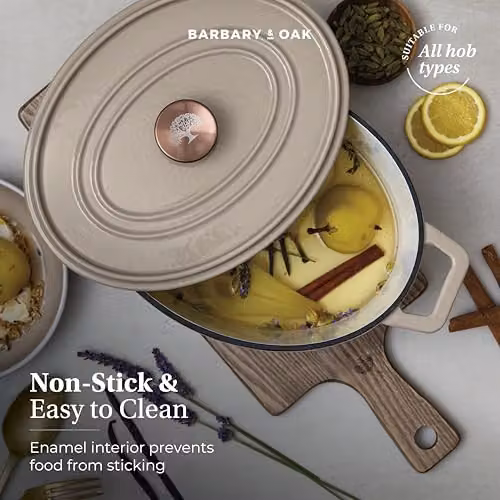 Barbary & Oak Nattura Oval Cast Iron Casserole with Enamel Interior and Self Basting Lid, 4.3 l, Cashmere – 4