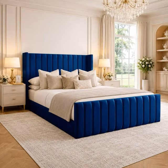 Desire Deco Blue Plush Velvet Edward Wingback Ottoman Storage Bed Frame, Super King