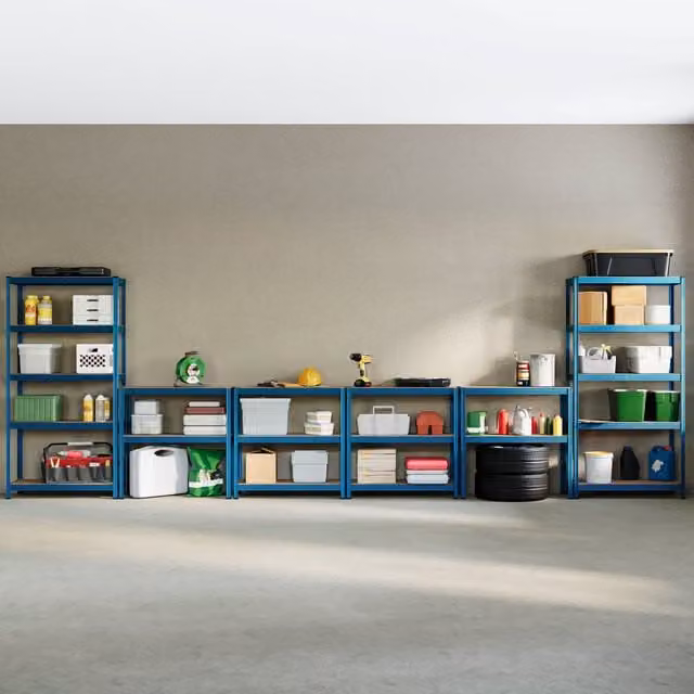 Home Discount Home Vida Set of 4 Heavy Duty 5 Tier Garage Shelves and Work Benches in Blue, W/D/H: 180 x 90 x 90 cm – 1