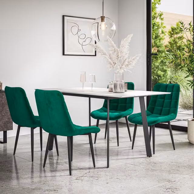 More4Homes Haydon Extending Marble Effect Dining Table Set with 6 Nova Velvet Chairs in Green, White and Black