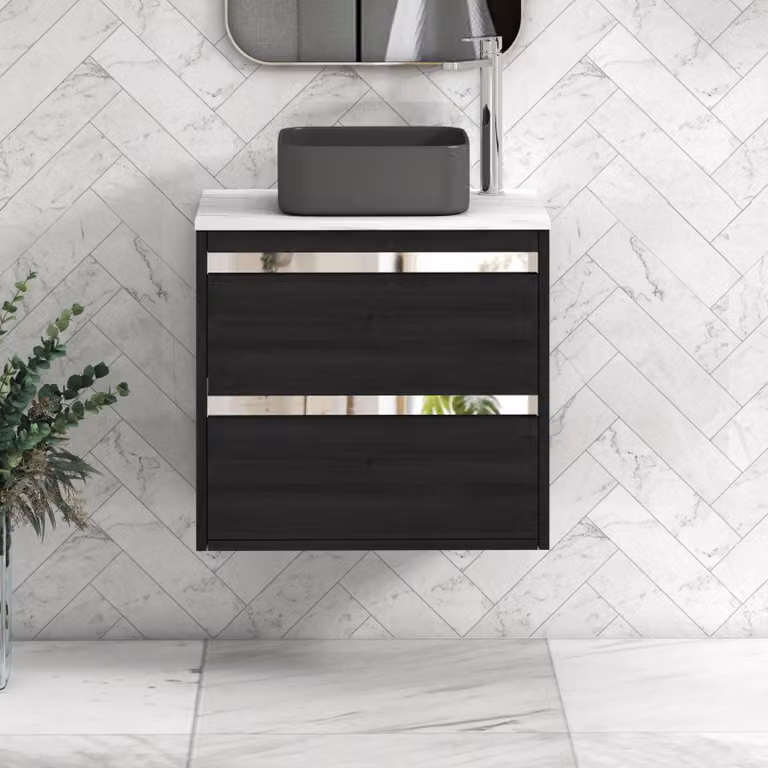 Royal Bathrooms Orion 800mm Hale Black Wall Hung Vanity Unit with Carrara White Countertop and Art Square Basin
