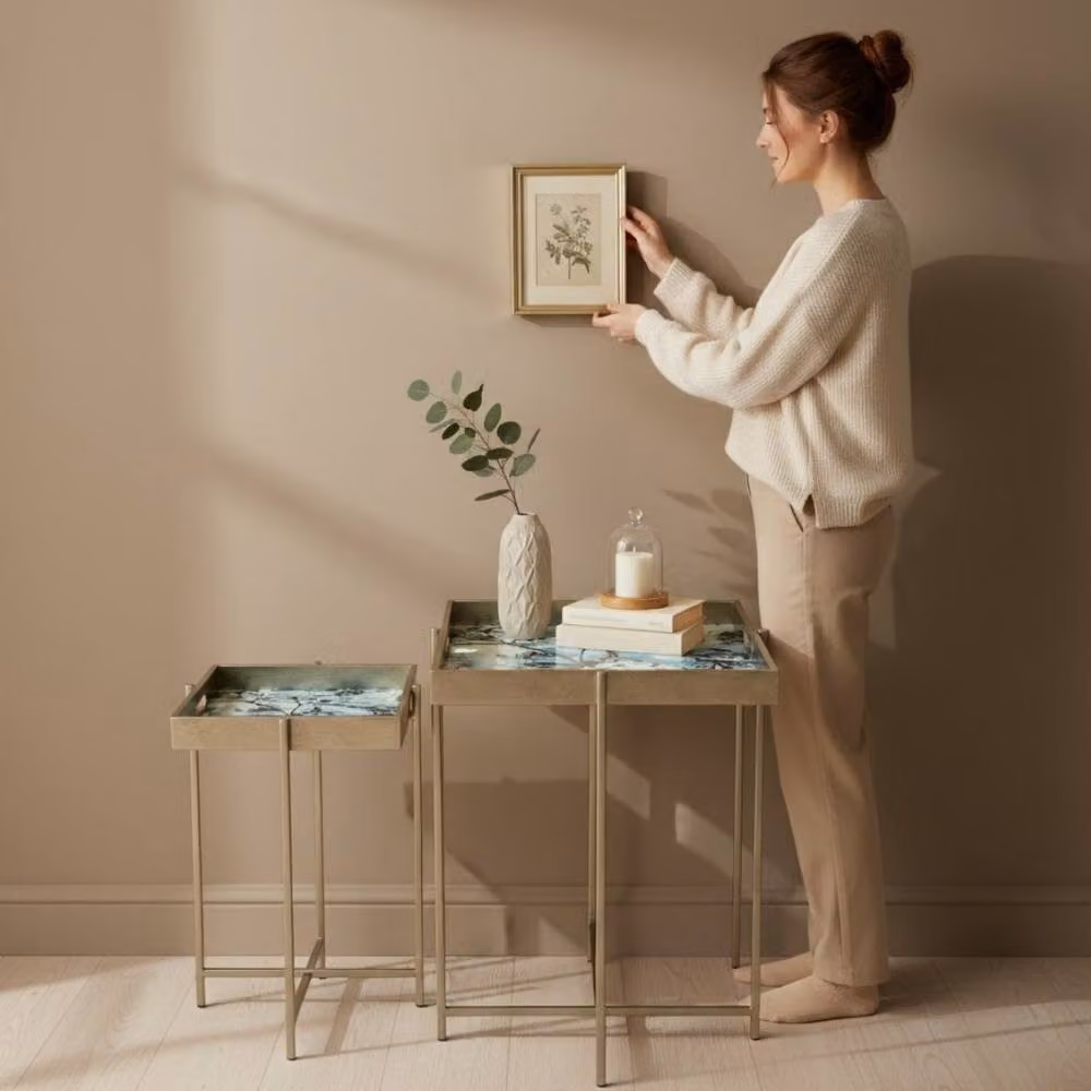 Minster Stylish Living Ltd Set of 2 Square Marble-Effect Tray Top Tables with Gold Metal Frames – 5