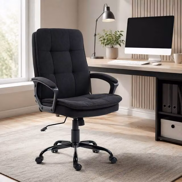 STILVORA Black Fabric Upholstered Task Chair with Armrests and 360 Degree Swivel