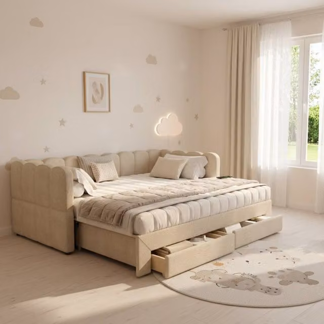 BTM Modern Upholstered Single Sofa Bed in Beige with 2 Storage Drawers and USB Charging Port, W/D/H: 90 x 190 cm