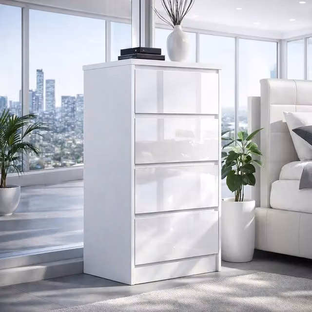 Harmin Handleless High Gloss 4 Drawer White Chest of Drawers H: 99 cm, W: 40 cm