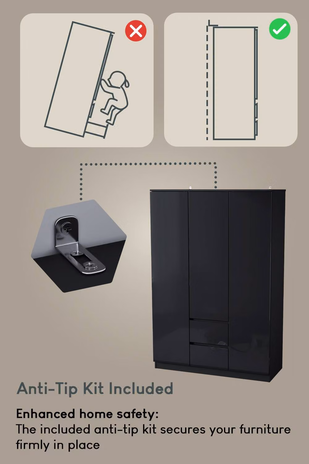 HD Designs Glinton High Gloss 3 Door 2 Drawer Wardrobe in Black – 6