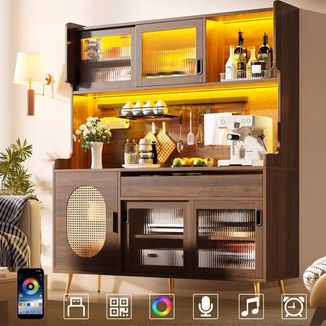 BTM Country Style Sideboard with LED Light and Fluted Glass Doors in Brown, W/D/H: 171 x 39 x 39 cm