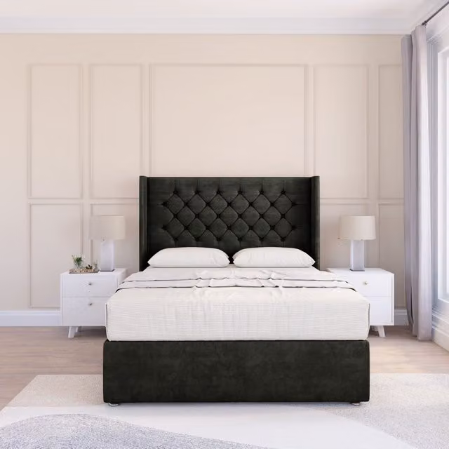 Sloomy Falcon Dumfries Wingback Bed Set in Black Velvet with Floor Standing Headboard, W/D/H: 90 x 200 cm