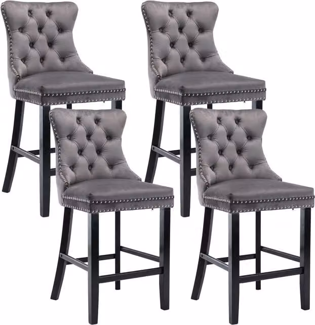 HomeTouch Lux Set of 4 Grey Velvet Upholstered Bar Stools for Kitchen Counters – 1