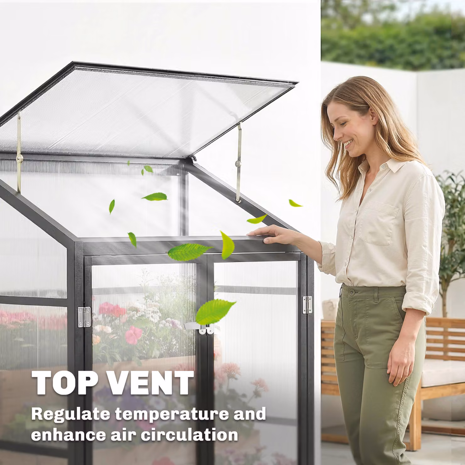 Outsunny Black Polycarbonate Lean-to Walk-in Greenhouse with Hinged Door and Top Vent, W/D/H: 121.92 x 60.96 x 155 cm – 8