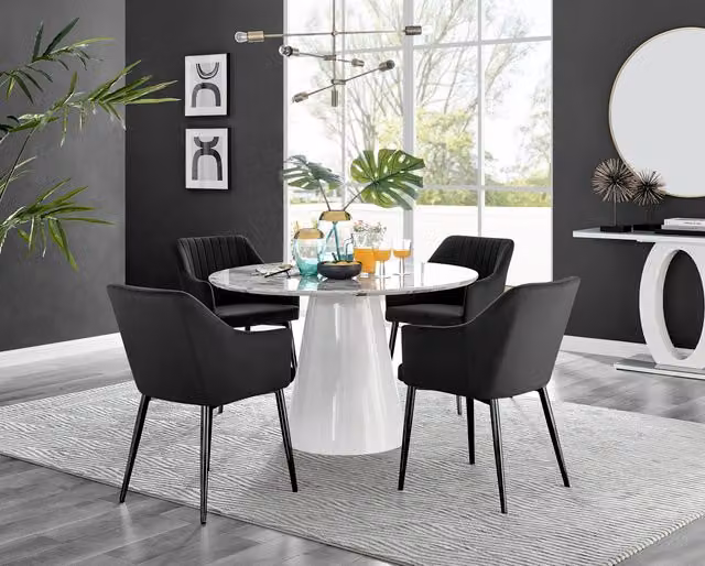 Furniturebox Palma White Marble Effect Round Dining Table and 4 Calla Black Leg Chairs Set