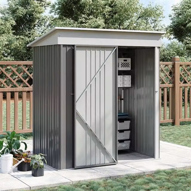 Breeins Metal Pent Garden Shed with Lockable Door, Grey and White