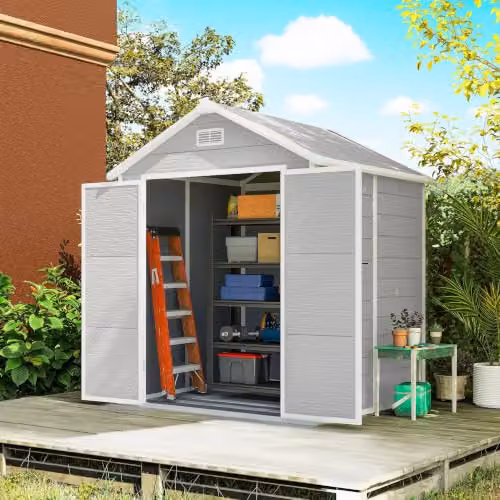 Outsunny Grey Resin Garden Shed with Double Doors, Window, Floor and Side Vents, W/D/H: 182 x 151 x 219 cm – 5