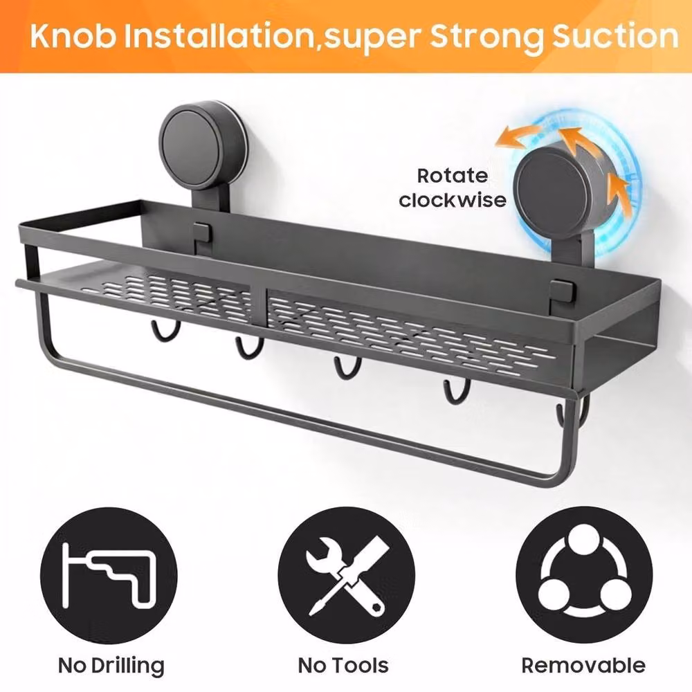 PAWNORA Black Rustproof Suction Cup Bathroom Shelf with 40cm Rod – 2