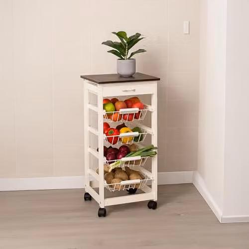 Chef Vida 4 Tier Kitchen Trolley Cart with Storage Baskets and Drawer, White and Black, H 81 x W 37 x D 37 cm – 2