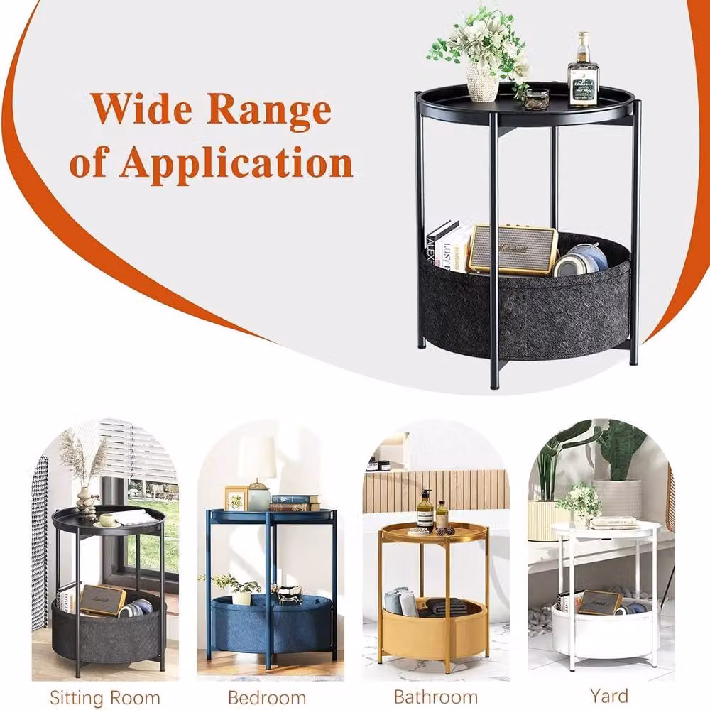 Huhote Round 2-Tier Side Table with Fabric Basket in Black – 5