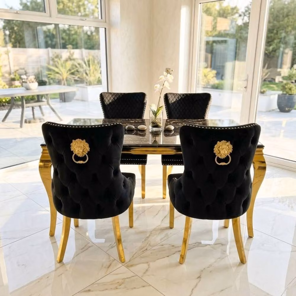 HOME LUXE INTERIOR Sofia Black and Gold Marble Dining Table and 4 Victoria Black Lion Chairs – 2