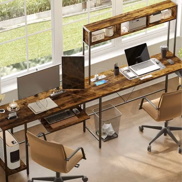 HOMCOM Reversible L Shaped Corner Desk with Power Outlet in Rustic Brown