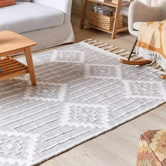 Wyld and Coco Ethnic Woven Area Rug in Grey and White with Fringes, W/D: 160 x 230 cm – 1