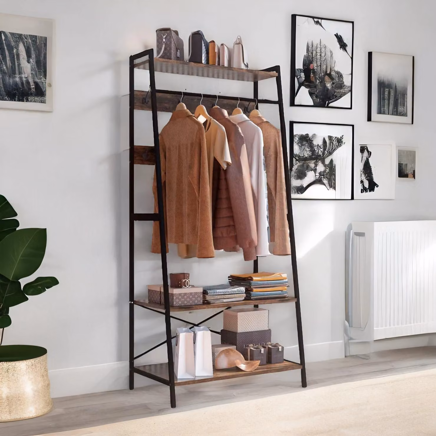 FURNOS Industrial Hall Tree Coat Rack Stand with 2 Shelves and 8 Hooks, Brown, H 182 cm x W 100 cm x D 42 cm – 2