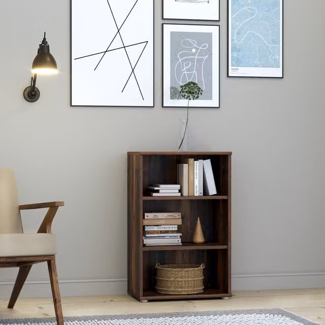 Furniture To Go Essential 2 Shelf Low Narrow Bookcase in Rustic Brown Wood